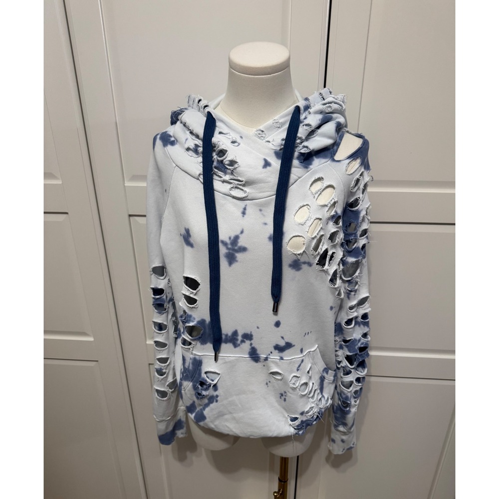 NSF Lisse Tie Dye Distressed Hoodie Blue White Shredded Pullover Sm Made in USA